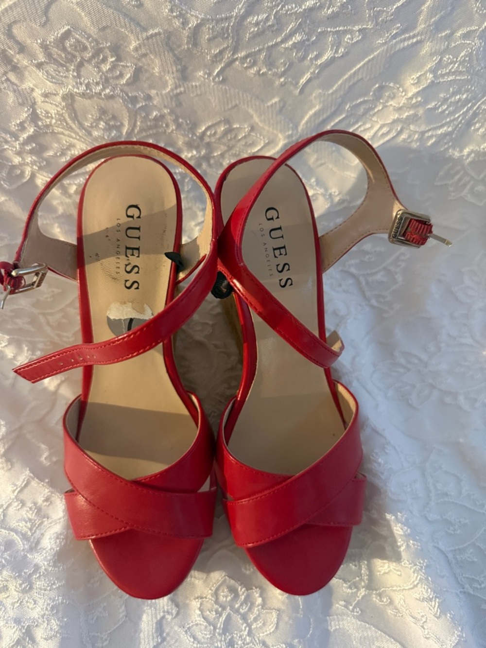 GUESS Red Cork Wedge Sandals with Ankle Strap - Picture 2 of 7